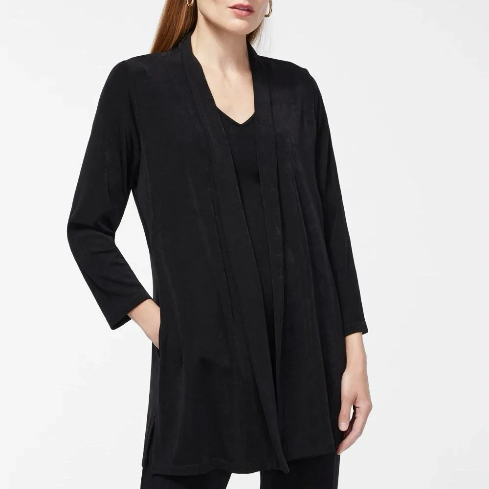 Chico’s Travelers Classic Long Knit Jacket Open Front Pockets Bracelet Sleeves